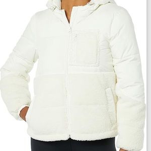 White Amazon Essentials Women’s Sherpa Puffer Jacket